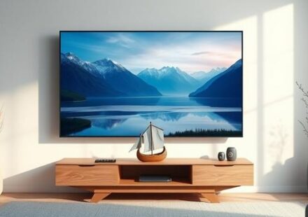 A sleek 4K television displays vibrant Nordic landscapes in a modern Scandinavian living room, representing Nordic IPTV 4K.