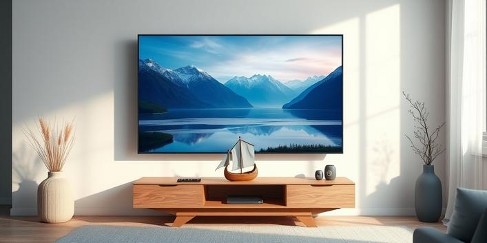 A sleek 4K television displays vibrant Nordic landscapes in a modern Scandinavian living room, representing Nordic IPTV 4K.