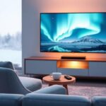 A stunning 4K television displaying the Northern Lights in a minimalist Nordic living room setting, showcasing Nordic IPTV 4K.
