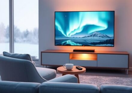 A stunning 4K television displaying the Northern Lights in a minimalist Nordic living room setting, showcasing Nordic IPTV 4K.