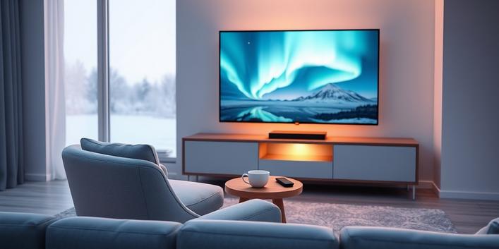 A stunning 4K television displaying the Northern Lights in a minimalist Nordic living room setting, showcasing Nordic IPTV 4K.