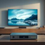 A modern Scandinavian living room featuring a 4K television displaying Nordic scenery, representing Nordisk IPTV 4K.
