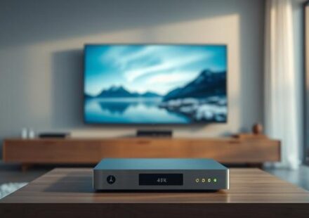 A modern Scandinavian living room featuring a 4K television displaying Nordic scenery, representing Nordisk IPTV 4K.