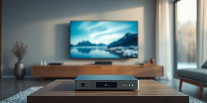 A modern Scandinavian living room featuring a 4K television displaying Nordic scenery, representing Nordisk IPTV 4K.