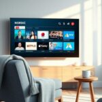 A cozy Nordic-style living room featuring a TV streaming IPTV channels, highlighting the comfort and accessibility of Nordic IPTV.