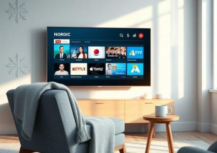 A cozy Nordic-style living room featuring a TV streaming IPTV channels, highlighting the comfort and accessibility of Nordic IPTV.