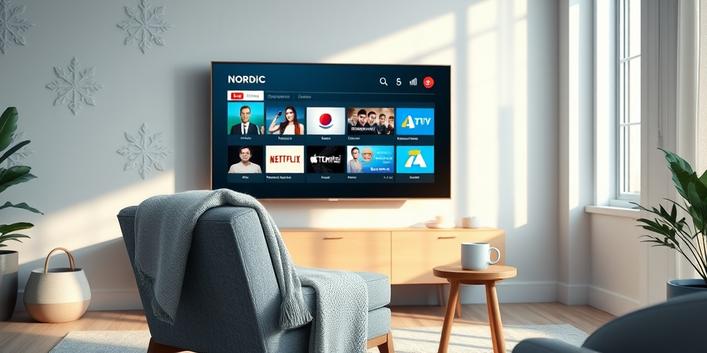 A cozy Nordic-style living room featuring a TV streaming IPTV channels, highlighting the comfort and accessibility of Nordic IPTV.