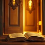 A partially opened wooden door with a glowing book on the threshold, bathed in soft golden light, symbolizing the concept of introduction.