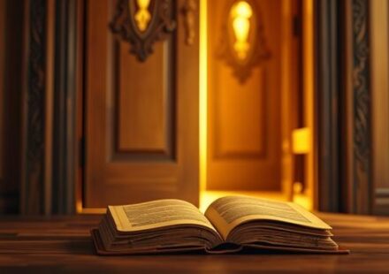 A partially opened wooden door with a glowing book on the threshold, bathed in soft golden light, symbolizing the concept of introduction.