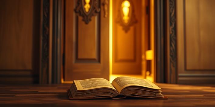 A partially opened wooden door with a glowing book on the threshold, bathed in soft golden light, symbolizing the concept of introduction.
