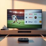 A sleek, modern smart TV displaying a split-screen comparison of IPTV streaming services, with soccer on one side and service logos on the other, illuminated in a softly lit living room.
