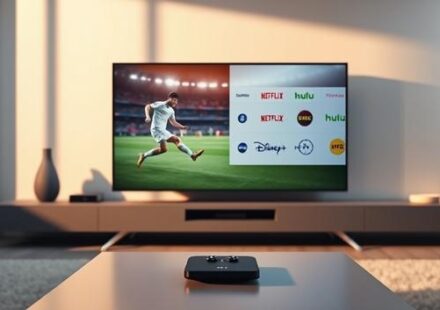 A sleek, modern smart TV displaying a split-screen comparison of IPTV streaming services, with soccer on one side and service logos on the other, illuminated in a softly lit living room.