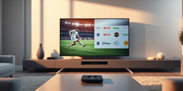A sleek, modern smart TV displaying a split-screen comparison of IPTV streaming services, with soccer on one side and service logos on the other, illuminated in a softly lit living room.