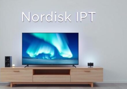Modern Nordic interior featuring a smart TV displaying the Northern Lights, symbolizing Nordisk IPTV.