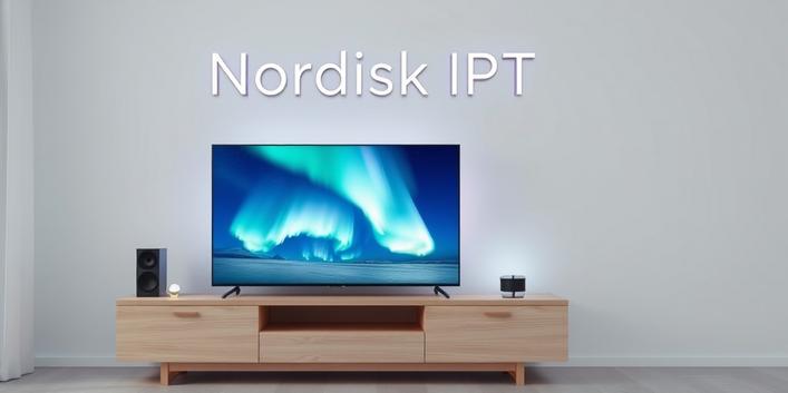 Modern Nordic interior featuring a smart TV displaying the Northern Lights, symbolizing Nordisk IPTV.