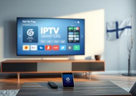 IPTV Smarters Pro on a modern TV with a Nordic flag in the background, symbolizing Nordic IPTV services.