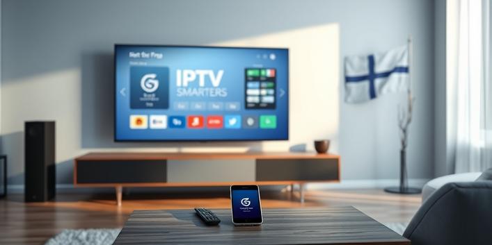 IPTV Smarters Pro on a modern TV with a Nordic flag in the background, symbolizing Nordic IPTV services.