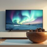 A minimalist Nordic interior with a 4K television displaying the Northern Lights and the text "NORDISK IPTV 4K".