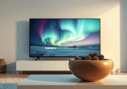 A minimalist Nordic interior with a 4K television displaying the Northern Lights and the text "NORDISK IPTV 4K".