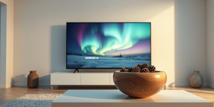 A minimalist Nordic interior with a 4K television displaying the Northern Lights and the text "NORDISK IPTV 4K".