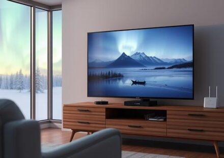 Nordic IPTV setup with Smart TV, set-top box, and router under the aurora borealis.