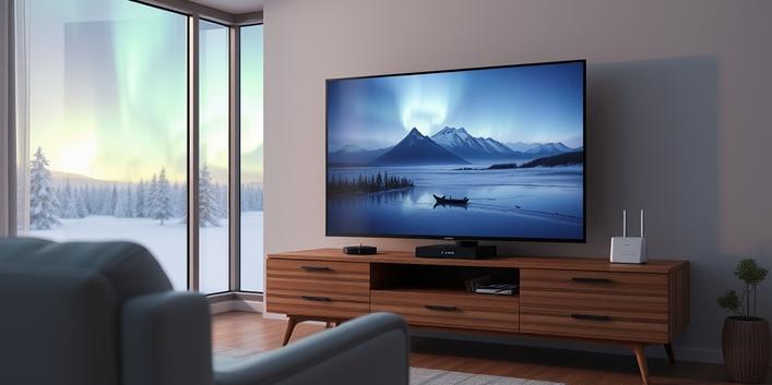 Nordic IPTV setup with Smart TV, set-top box, and router under the aurora borealis.