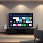 A modern living room scene with a smart TV displaying channel icons, legal documents, and an armchair, symbolizing IPTV and its regulations.