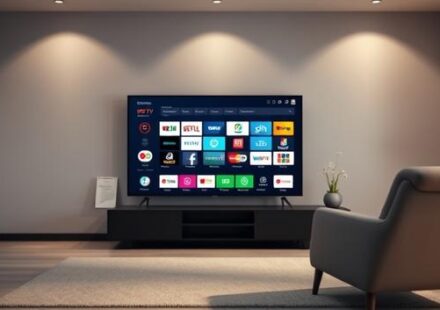 A modern living room scene with a smart TV displaying channel icons, legal documents, and an armchair, symbolizing IPTV and its regulations.