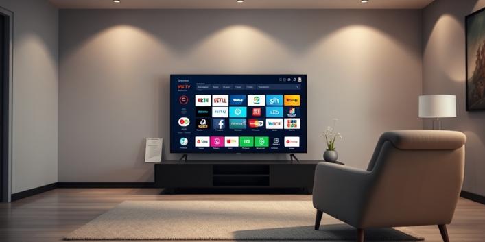 A modern living room scene with a smart TV displaying channel icons, legal documents, and an armchair, symbolizing IPTV and its regulations.