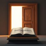 A slightly open wooden door with warm light spilling out, and a leather-bound book displaying "Introduktion".