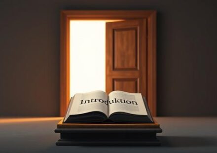 A slightly open wooden door with warm light spilling out, and a leather-bound book displaying "Introduktion".