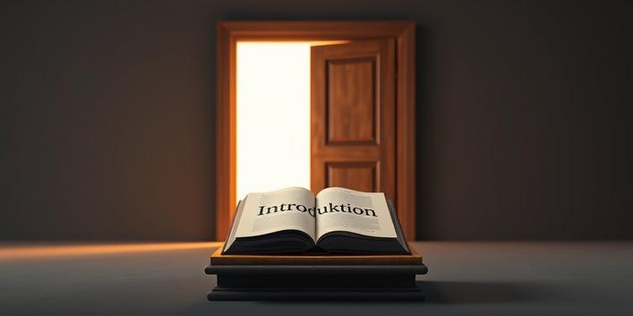 A slightly open wooden door with warm light spilling out, and a leather-bound book displaying "Introduktion".