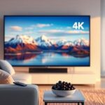 A modern living room scene with a 4K television displaying Nordic scenery, representing Nordic IPTV 4K.