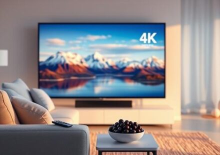 A modern living room scene with a 4K television displaying Nordic scenery, representing Nordic IPTV 4K.