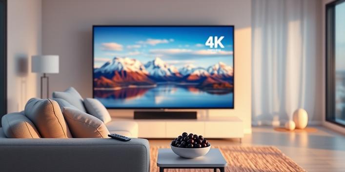 A modern living room scene with a 4K television displaying Nordic scenery, representing Nordic IPTV 4K.