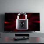 A 3D rendering depicting potential risks of insecure IPTV purchases. A distorted TV screen sits behind a metallic padlock, symbolizing security concerns.