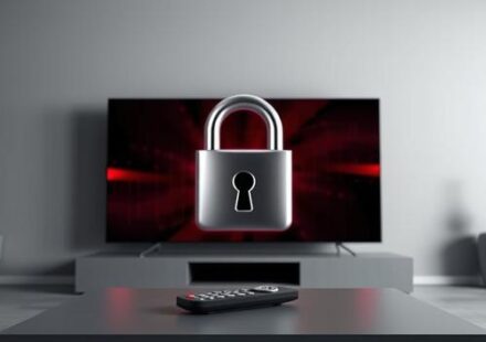 A 3D rendering depicting potential risks of insecure IPTV purchases. A distorted TV screen sits behind a metallic padlock, symbolizing security concerns.