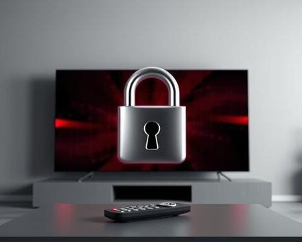 A 3D rendering depicting potential risks of insecure IPTV purchases. A distorted TV screen sits behind a metallic padlock, symbolizing security concerns.