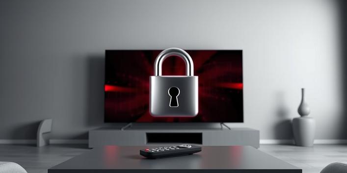 A 3D rendering depicting potential risks of insecure IPTV purchases. A distorted TV screen sits behind a metallic padlock, symbolizing security concerns.