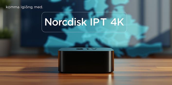 Apple TV displaying Nordisk IPTV 4K in a Scandinavian-inspired setting.