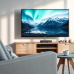 Modern Scandinavian living room scene with a 4K TV showing a Nordic landscape, representing Nordic IPTV.