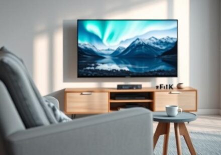 Modern Scandinavian living room scene with a 4K TV showing a Nordic landscape, representing Nordic IPTV.