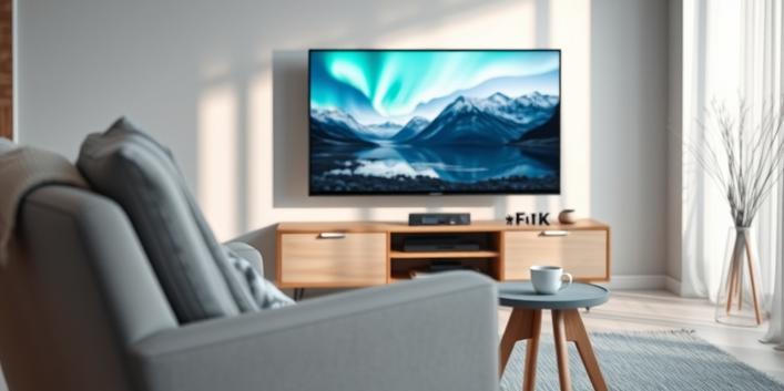Modern Scandinavian living room scene with a 4K TV showing a Nordic landscape, representing Nordic IPTV.