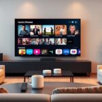 A modern living room with a TV showcasing IPTV services, suggesting a relaxed viewing experience.