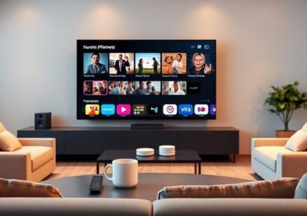 A modern living room with a TV showcasing IPTV services, suggesting a relaxed viewing experience.