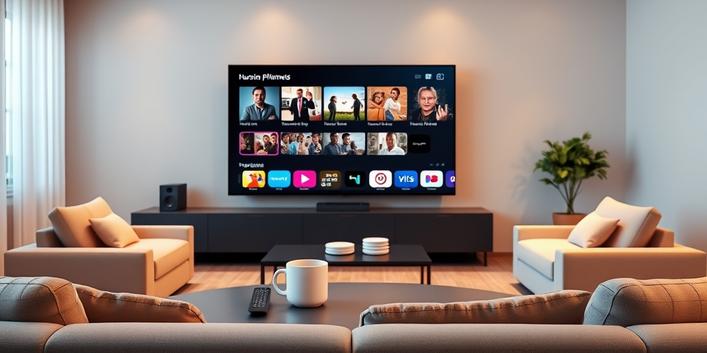A modern living room with a TV showcasing IPTV services, suggesting a relaxed viewing experience.