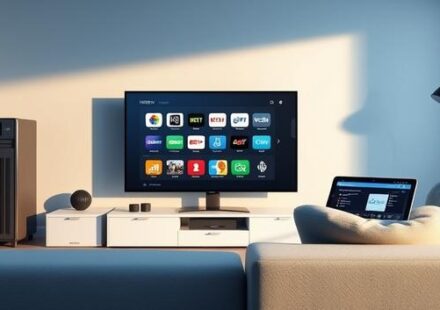 3D render illustrating IPTV technology, featuring a streaming server, HDTV, and tablet interface.