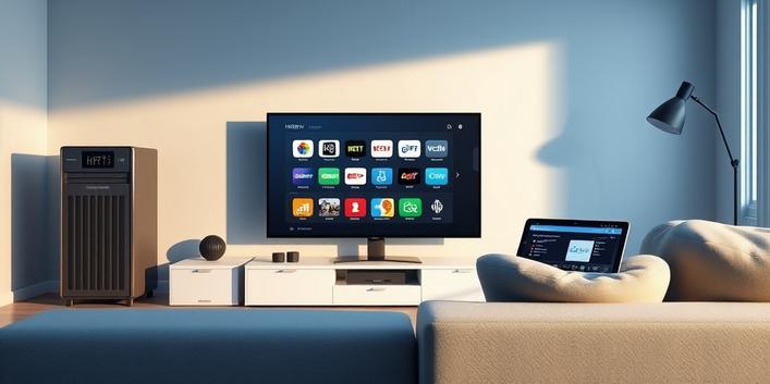 3D render illustrating IPTV technology, featuring a streaming server, HDTV, and tablet interface.