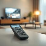 Nordic IPTV streaming on a smartphone with remote control on a Scandinavian coffee table.