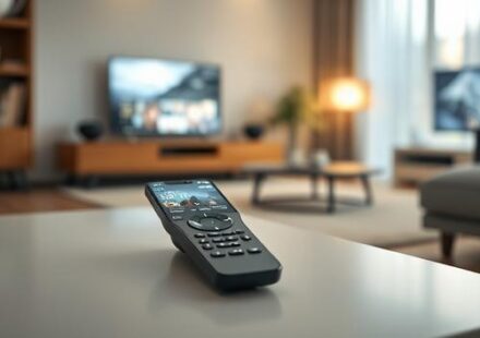 Nordic IPTV streaming on a smartphone with remote control on a Scandinavian coffee table.